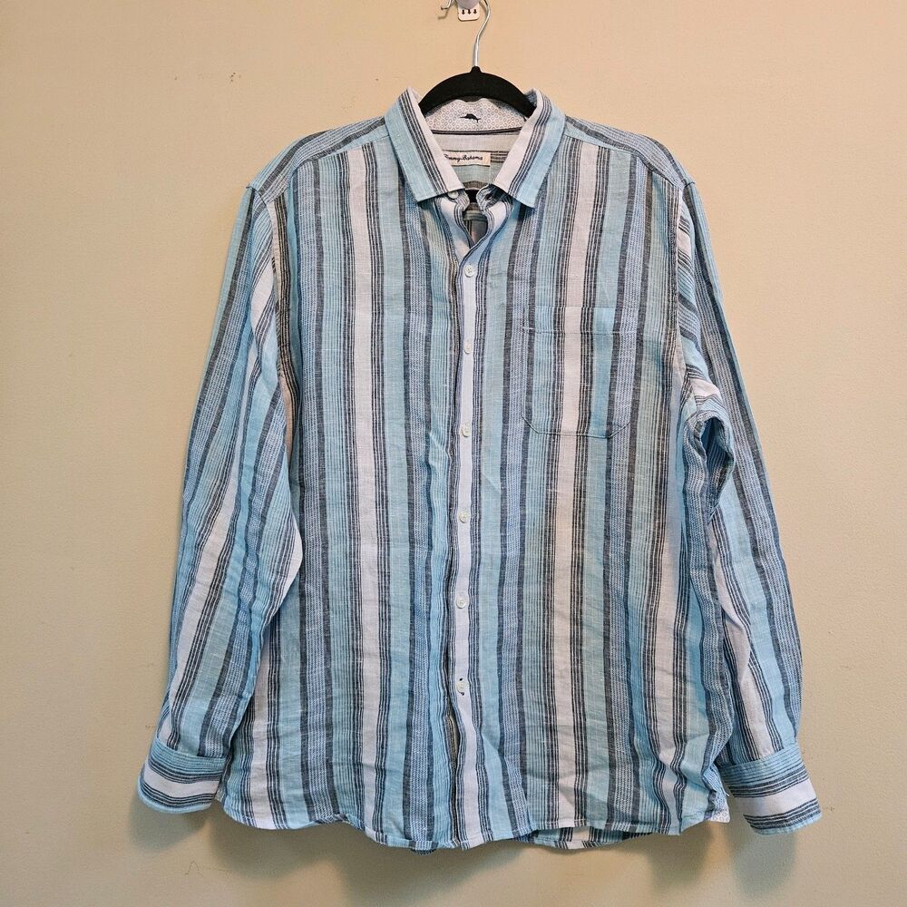 TOMMY BAHAMA Shirt Men's Size L 100% Linen Blue & White Long-Sleeve Button-Up